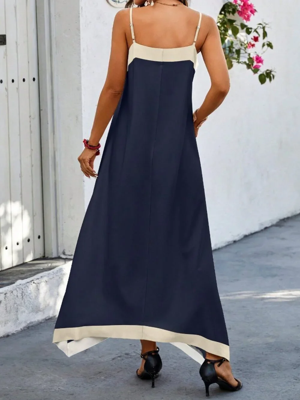 Navy Blue Casual Women's Panel Cami Strap Long Dress